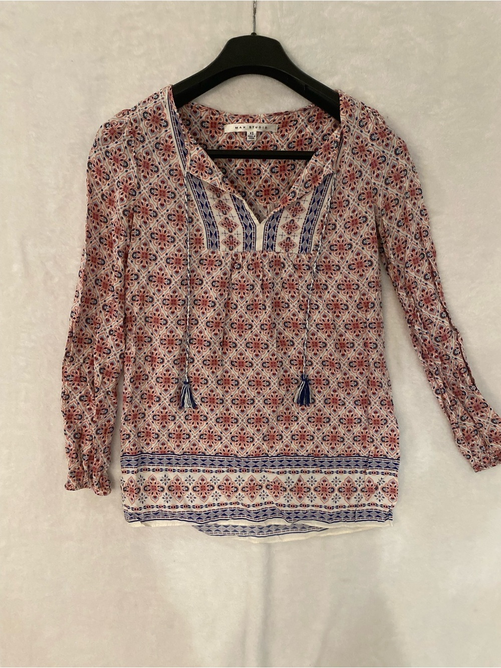 Max Studio Red Blue Printed Peasant Tunic Top US XS